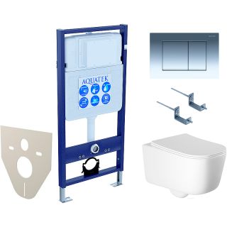 Комплект унитаза с инсталляцией Aquatek Set Aquatek Лугано 4в1 с сиденьем Микролифт и клавишей смыва Хром глянцевый